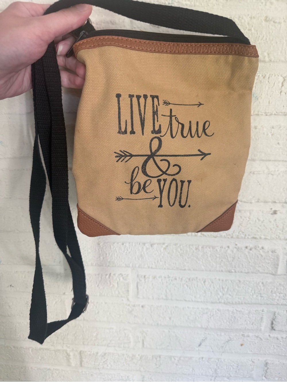 Live True & Be You Tan Canvas Crossbody Bag